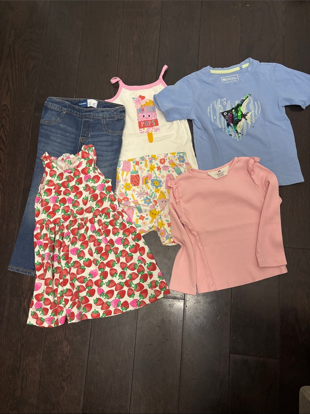 Girls Mixed Clothing Bundle - Strawberry Dress, Pink Top, Blue Tee
